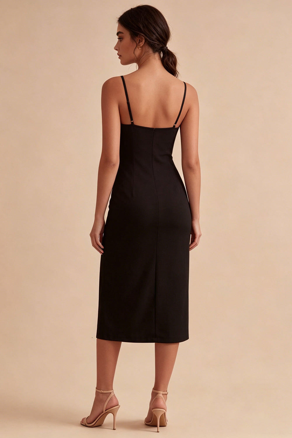 Midi Spaghetti Straps Black Bodycon Cocktail Dress with Slit