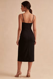 Midi Spaghetti Straps Black Bodycon Cocktail Dress with Slit