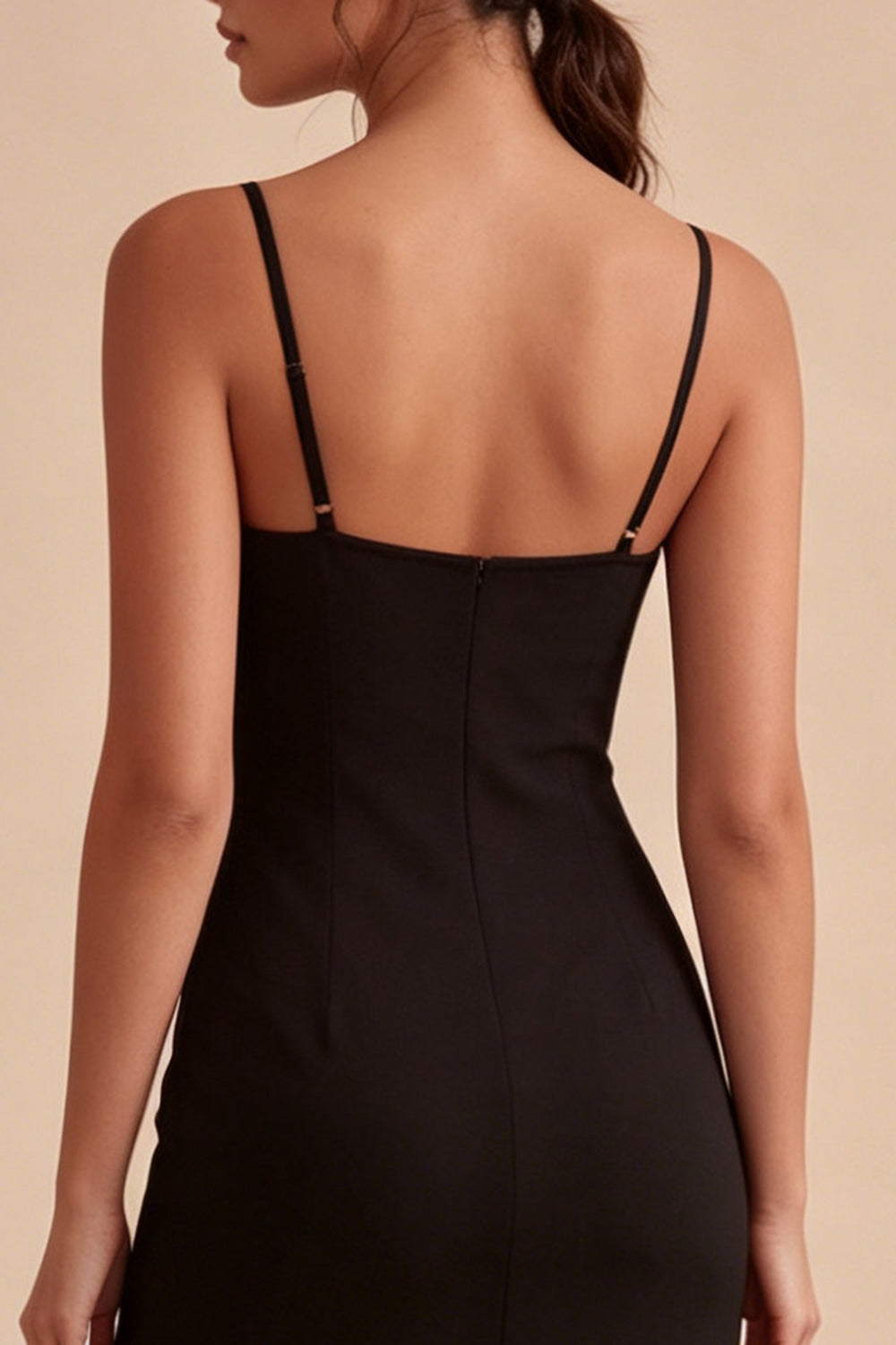 Midi Spaghetti Straps Black Bodycon Cocktail Dress with Slit