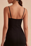 Midi Spaghetti Straps Black Bodycon Cocktail Dress with Slit