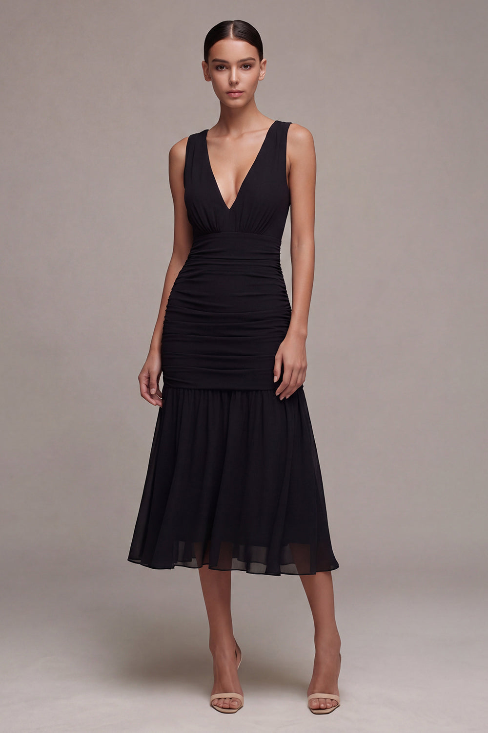 V-Neck Ruched A Line Backless Long Black Tie Dress