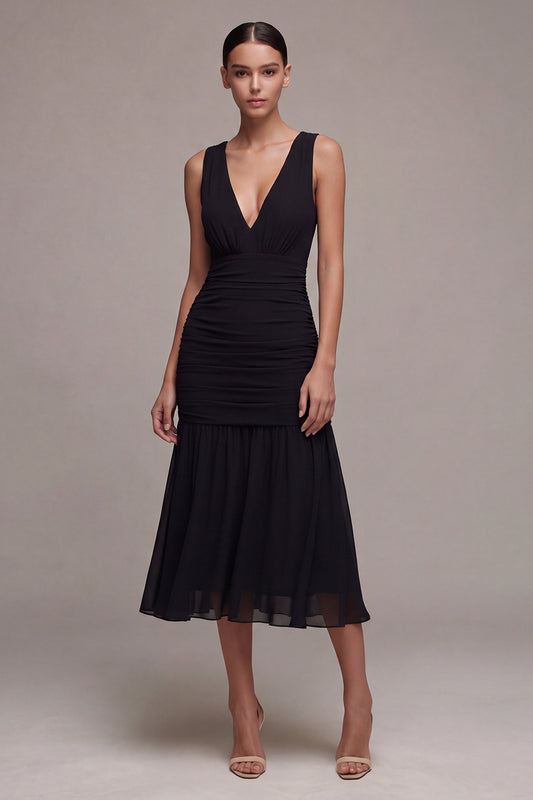 V-Neck Ruched A Line Backless Long Black Tie Dress