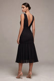 V-Neck Ruched A Line Backless Long Black Tie Dress