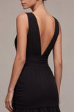 V-Neck Ruched A Line Backless Long Black Tie Dress