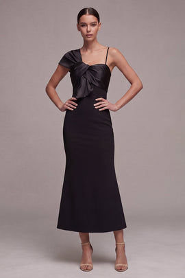 Long Spaghetti Straps Mermaid Black Tie Dress with Bow