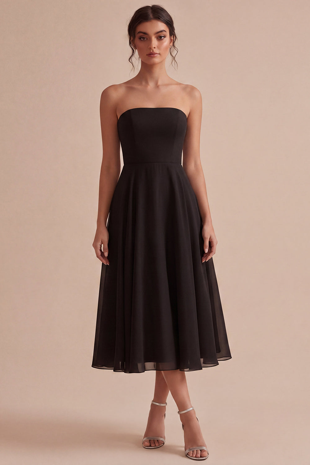 Strapless A Line Long Black Tie Dress