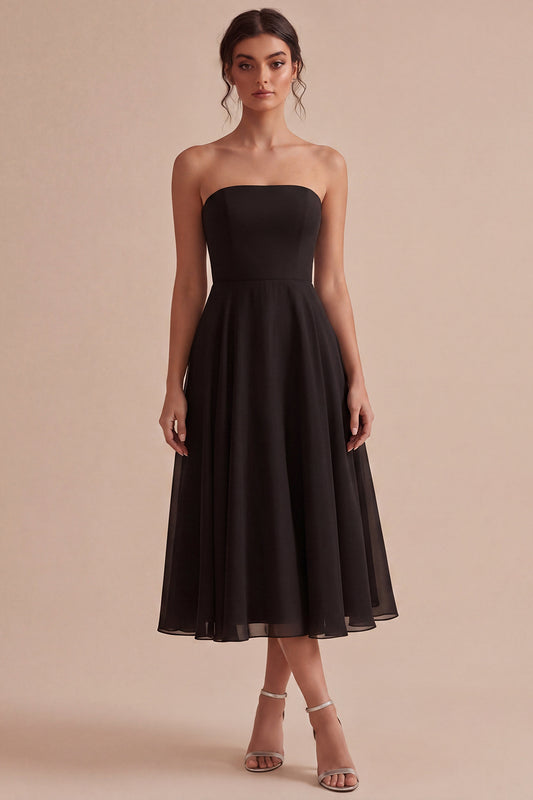 Strapless A Line Long Black Tie Dress