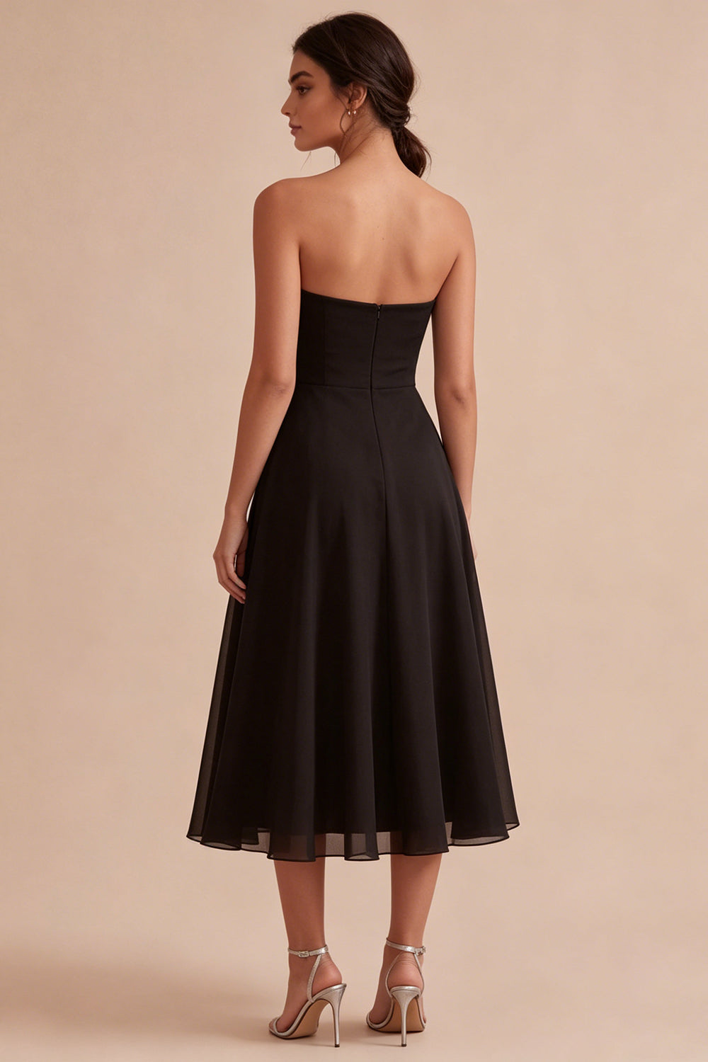 Strapless A Line Long Black Tie Dress