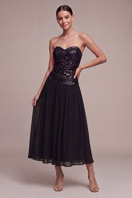 Strapless A Line Sparkly Long Black Tie Dress with Sequins