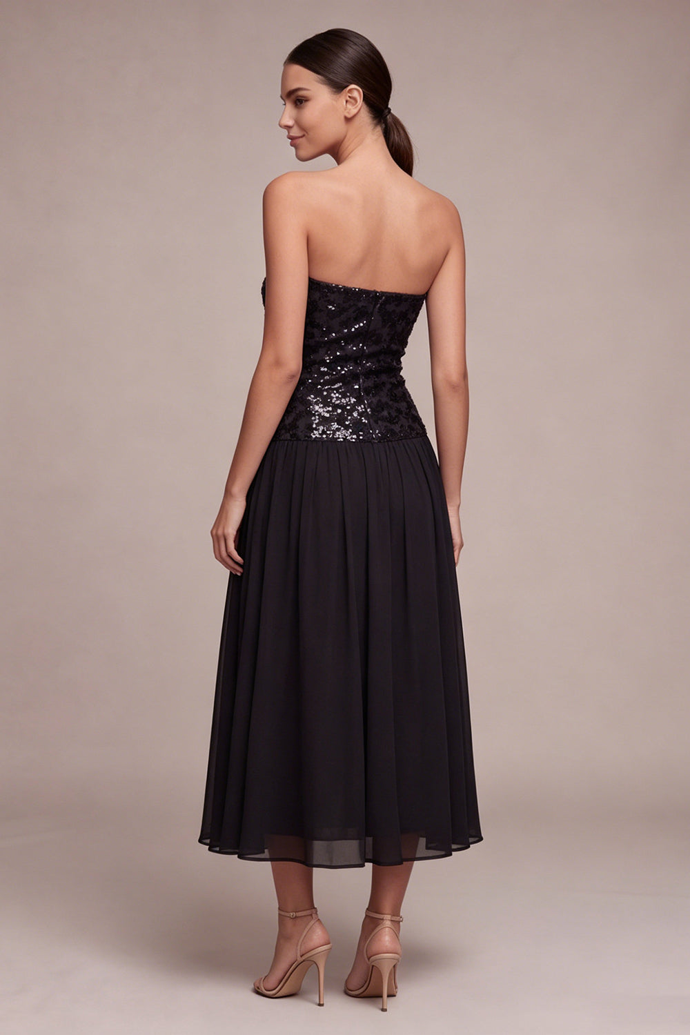 Strapless A Line Sparkly Long Black Tie Dress with Sequins