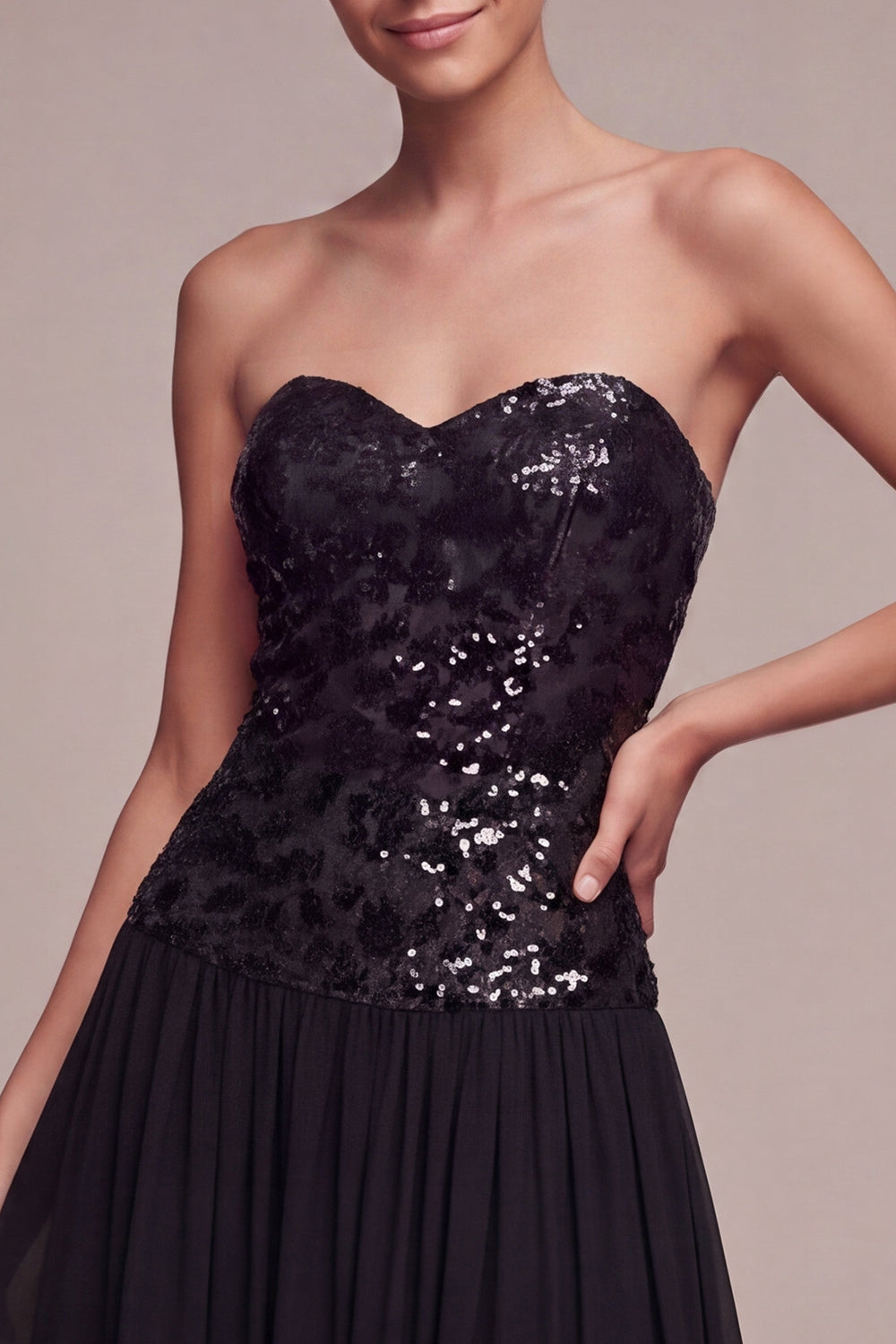 Strapless A Line Sparkly Long Black Tie Dress with Sequins