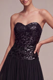 Strapless A Line Sparkly Long Black Tie Dress with Sequins