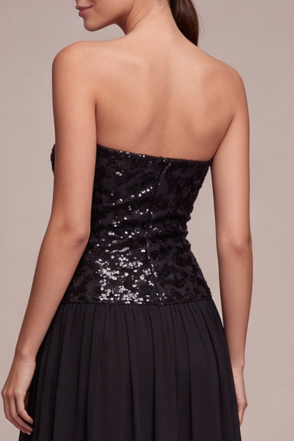 Strapless A Line Sparkly Long Black Tie Dress with Sequins