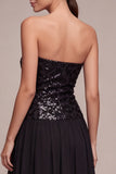Strapless A Line Sparkly Long Black Tie Dress with Sequins