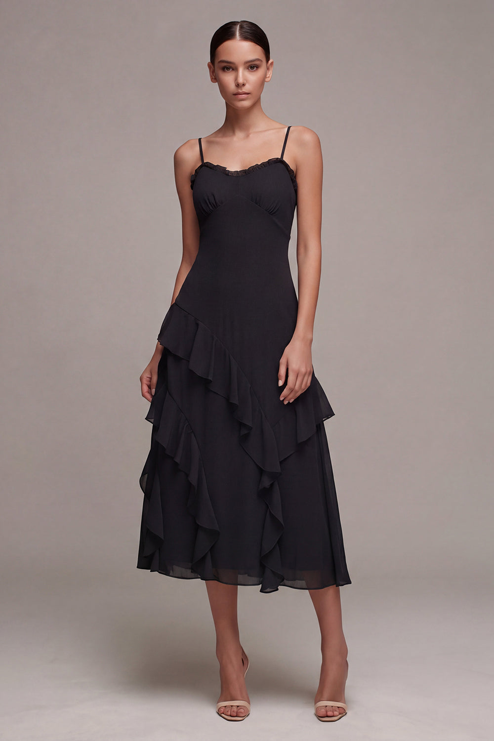 A Line Spaghetti Straps Long Black Tie Dress with Ruffles