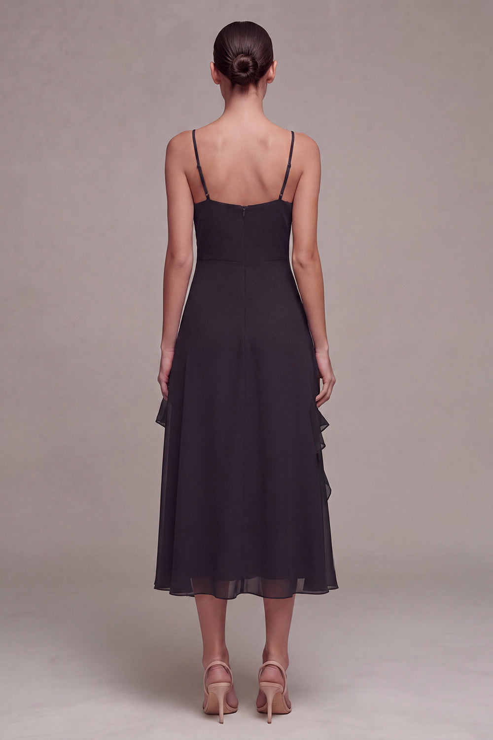 A Line Spaghetti Straps Long Black Tie Dress with Ruffles