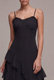 A Line Spaghetti Straps Long Black Tie Dress with Ruffles
