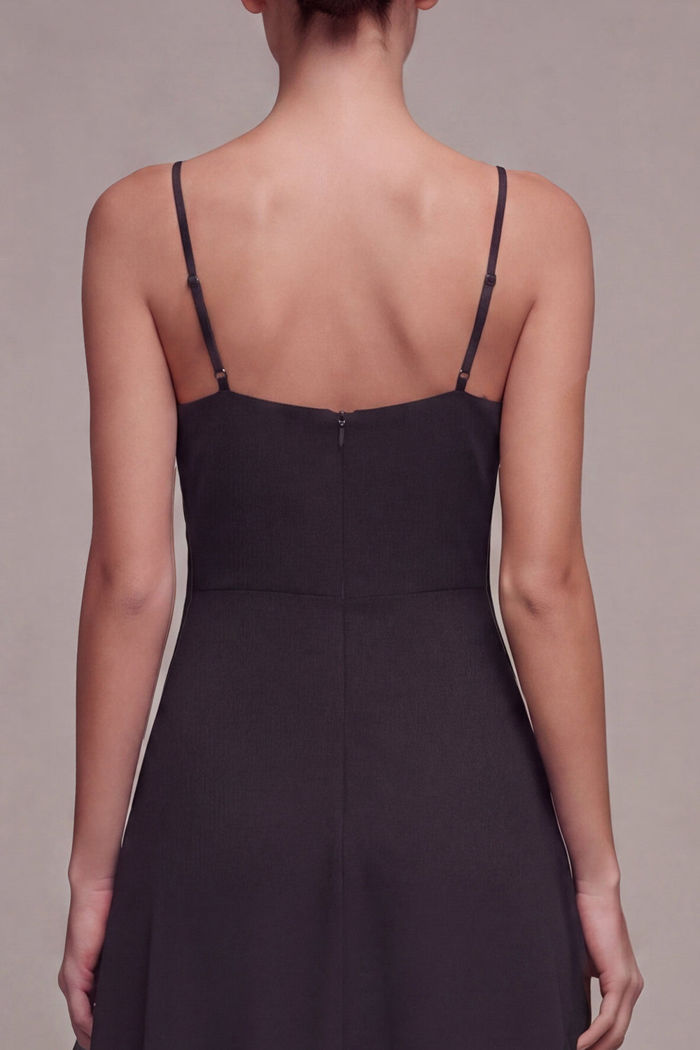 A Line Spaghetti Straps Long Black Tie Dress with Ruffles
