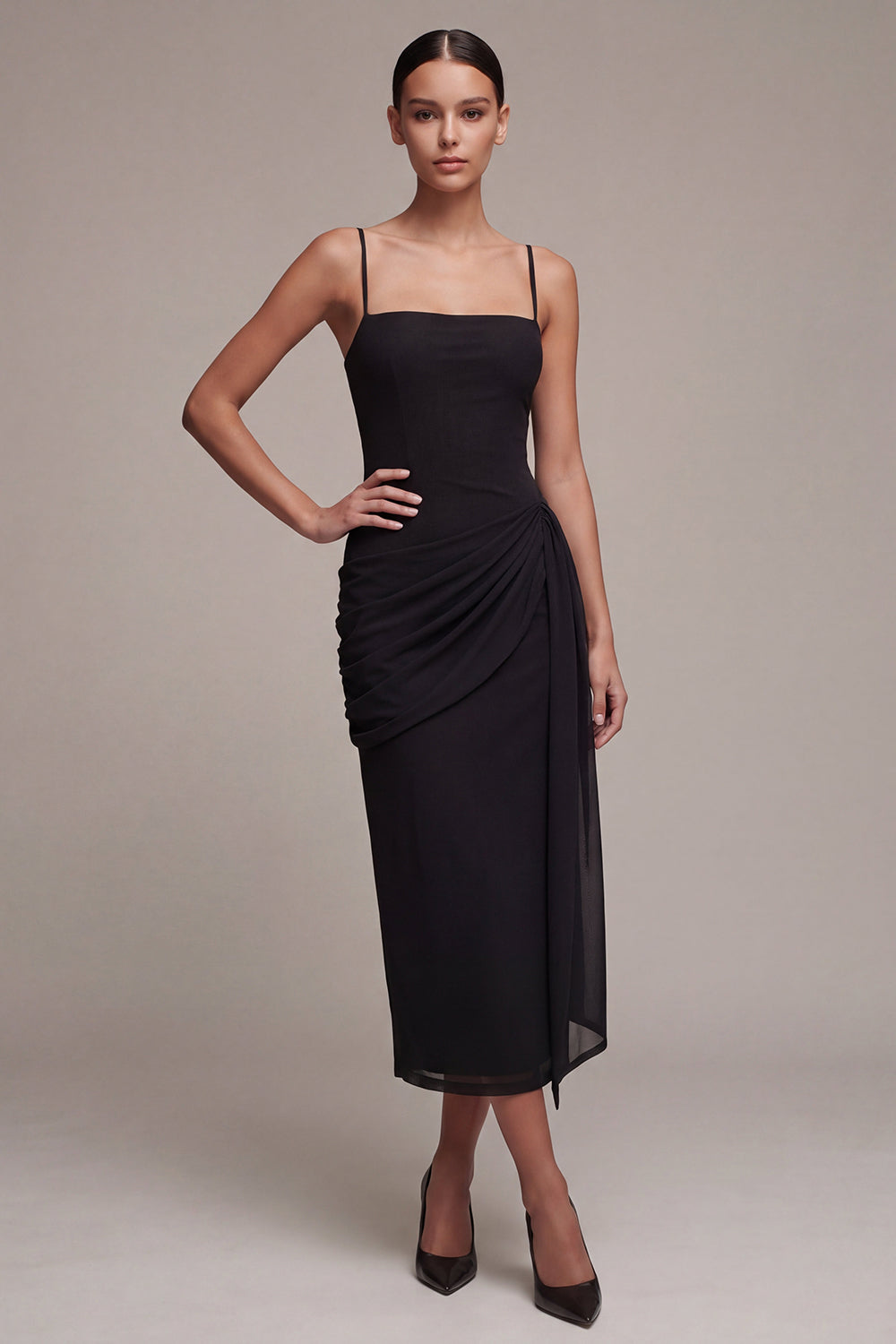 Sheath Ruched Spaghetti Straps Long Black Tie Dress