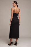 Sheath Ruched Spaghetti Straps Long Black Tie Dress