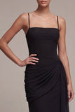 Sheath Ruched Spaghetti Straps Long Black Tie Dress