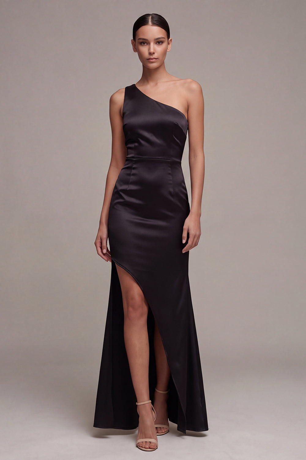 Long One Shoulder Mermaid Black Tie Dress with Slit