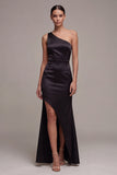 Long One Shoulder Mermaid Black Tie Dress with Slit
