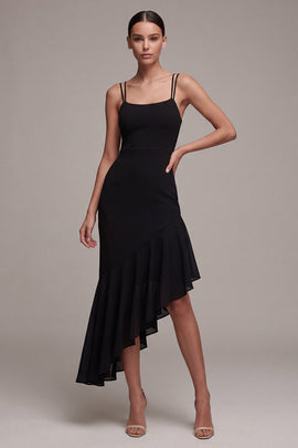 Zapakasa Women Black Asymmetrical Cocktail Dress with Ruffles Mermaid  Spaghetti Straps Semi Formal Dress