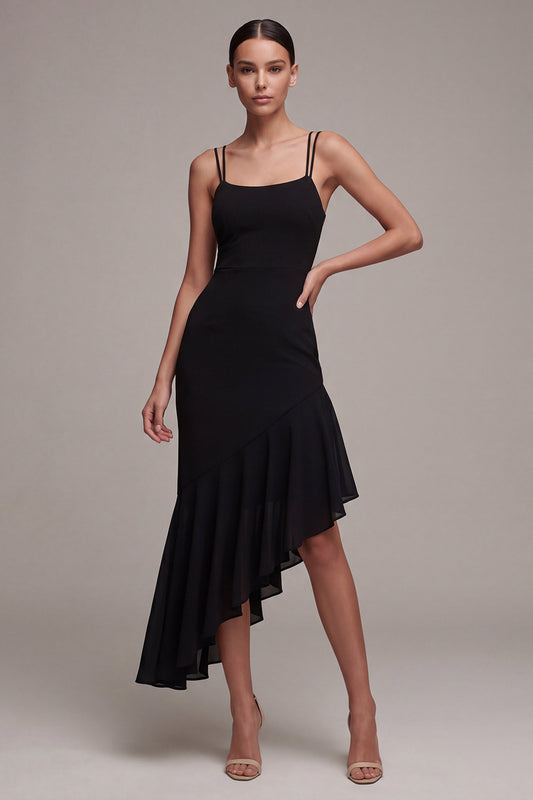 Asymmetrical Spaghetti Straps Black Mermaid Cocktail Dress with Ruffles