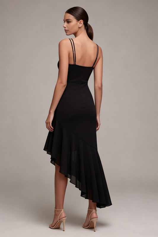 Asymmetrical Spaghetti Straps Black Mermaid Cocktail Dress with Ruffles