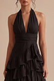 Halter Asymmetrical Black A Line Backless Formal Dress with Ruffles