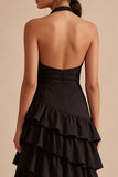 Halter Asymmetrical Black A Line Backless Formal Dress with Ruffles