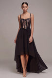 Corset High Low A Line Spaghetti Straps Black Tie Dress