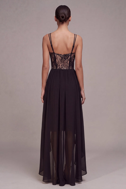 Corset High Low A Line Spaghetti Straps Black Tie Dress