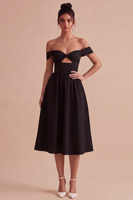 Keyhole Off the Shoulder Midi A Line Little Black Dress