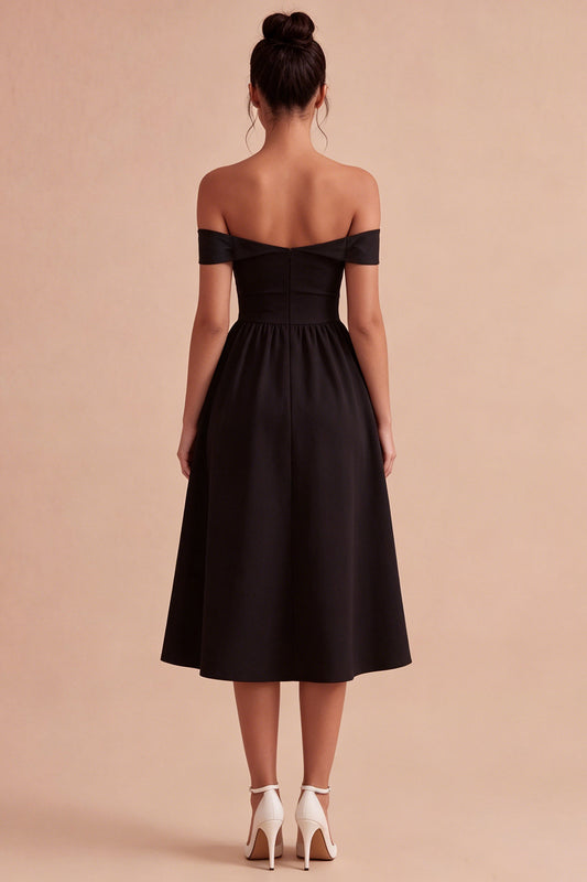 Keyhole Off the Shoulder Midi A Line Little Black Dress