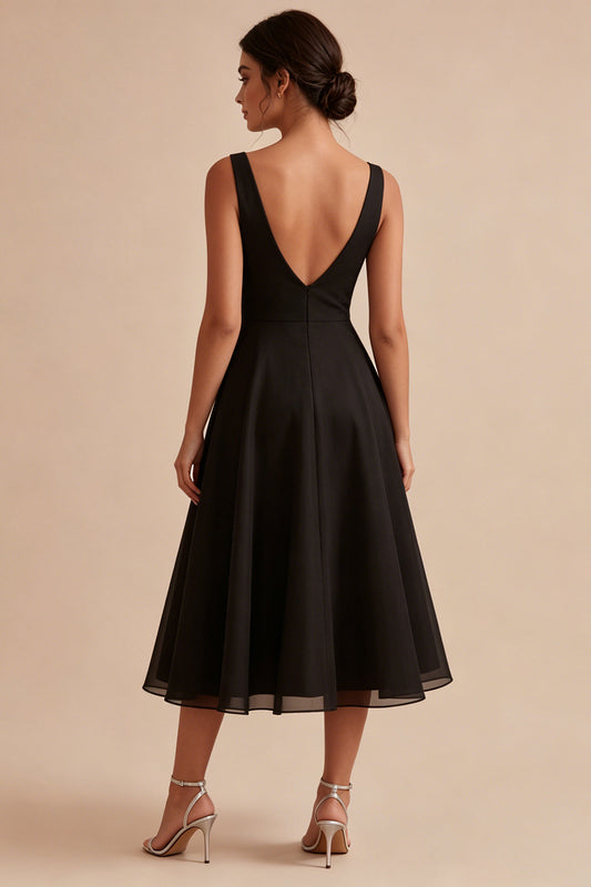 V-Neck Ruched A Line Maxi Black Formal Dress