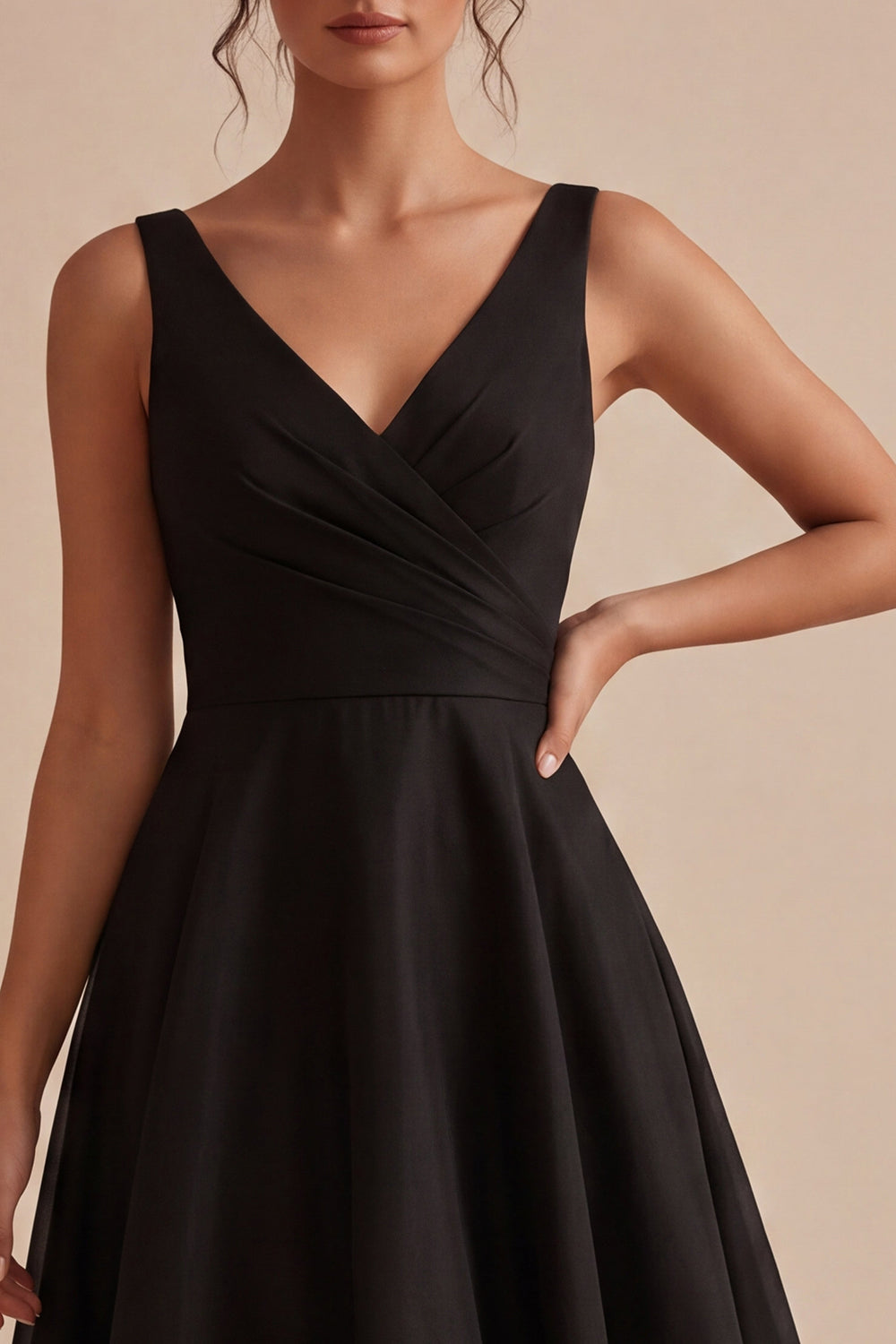 V-Neck Ruched A Line Maxi Black Formal Dress
