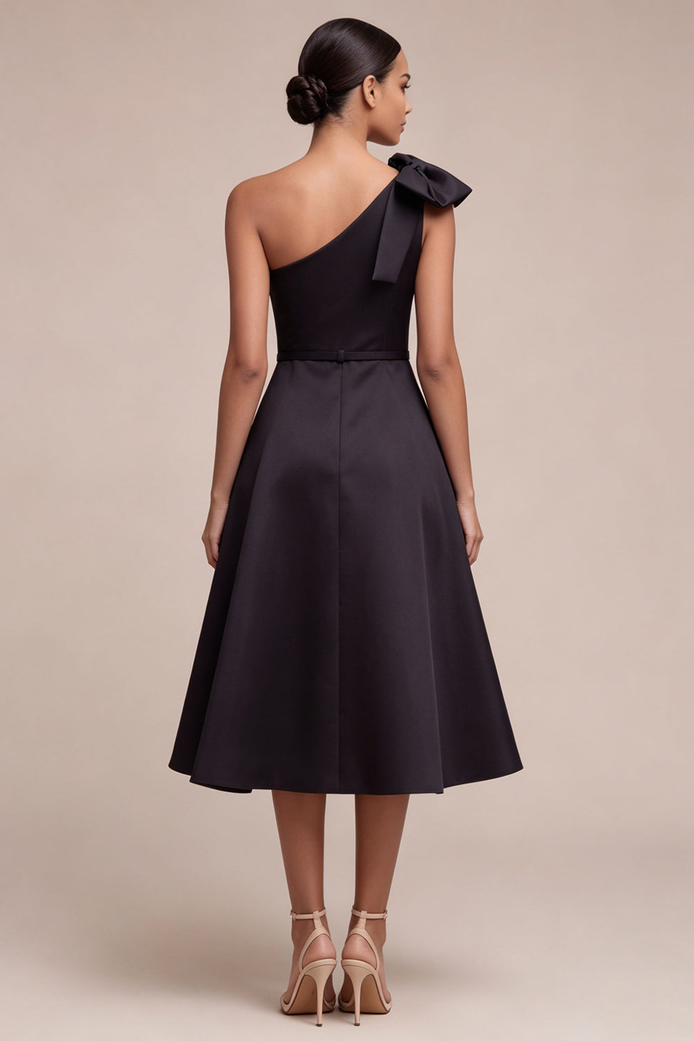 One Shoulder Maxi A Line Black Formal Dress with Bow