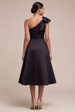 One Shoulder Maxi A Line Black Formal Dress with Bow