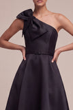 One Shoulder Maxi A Line Black Formal Dress with Bow