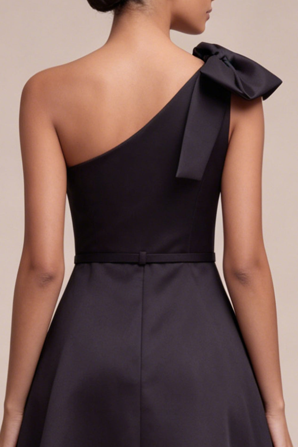 One Shoulder Maxi A Line Black Formal Dress with Bow
