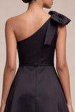 One Shoulder Maxi A Line Black Formal Dress with Bow