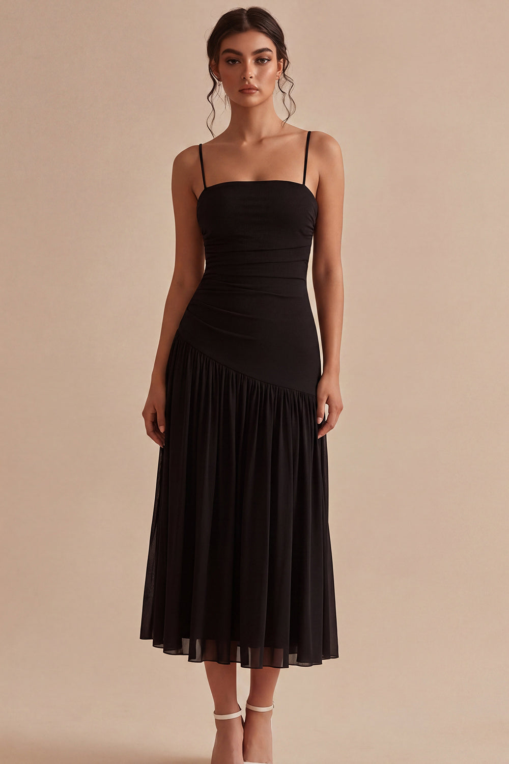 A Line Spaghetti Straps Ruched Long Black Tie Dress