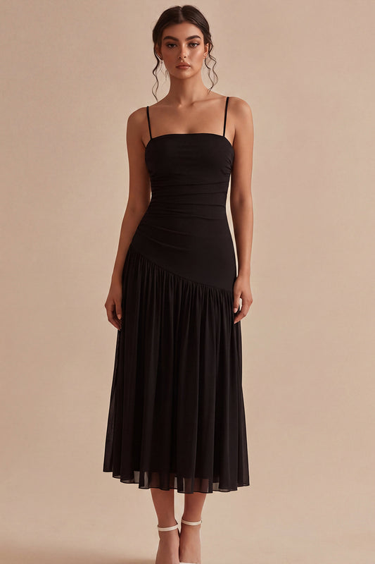 A Line Spaghetti Straps Ruched Long Black Tie Dress