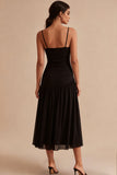 A Line Spaghetti Straps Ruched Long Black Tie Dress