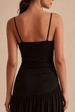 A Line Spaghetti Straps Ruched Long Black Tie Dress