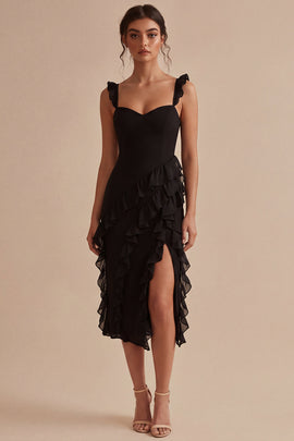 Ruffled Thick Straps Midi Black Cocktail Dress with Slit