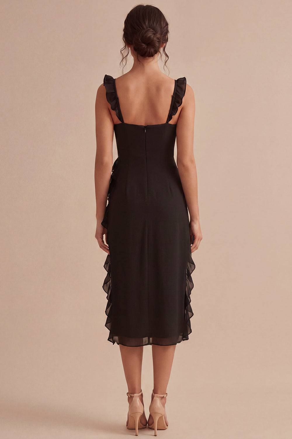 Ruffled Thick Straps Midi Black Cocktail Dress with Slit