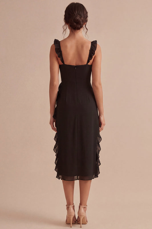 Ruffled Thick Straps Midi Black Cocktail Dress with Slit